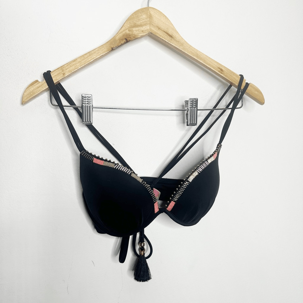 Y2K 00s VICTORIA'S SECRET THE GORGEOUS Push Up Bikini Tassel Black Underwire 34B - Picture 2 of 6
